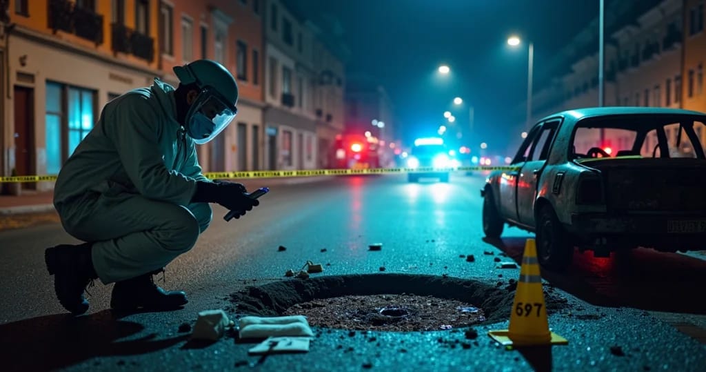 Perito em explosivos analisando crateras em cena de explosão veicular noturna