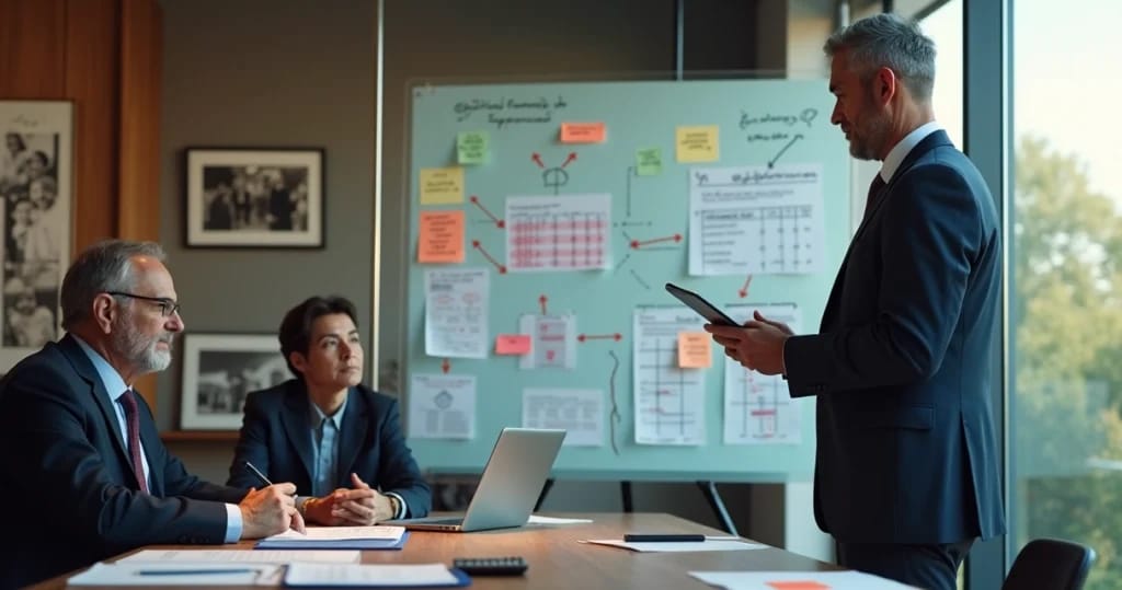 Perito analisa murais com fluxos de dinheiro e organograma de empresa familiar
