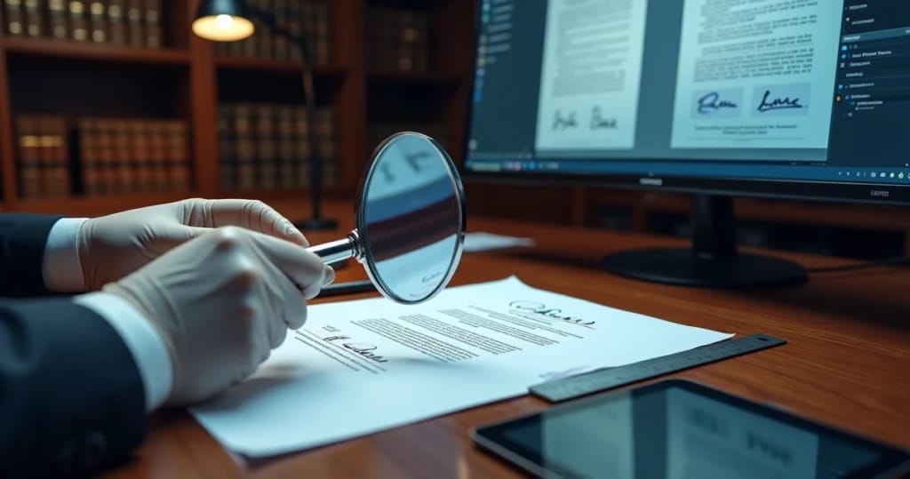 Perito analisa assinatura em documento com lupa sobre mesa de escritório