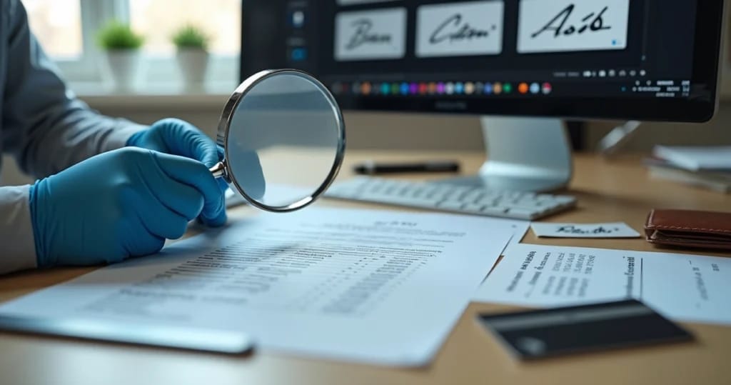 Perito grafotécnico analisa assinatura bancária com lupa sobre mesa com documentos e cartão