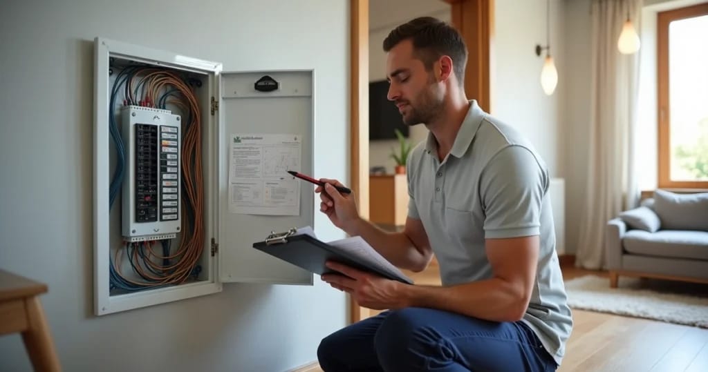 Perito avalia quadro de energia residencial com dispositivos de proteção