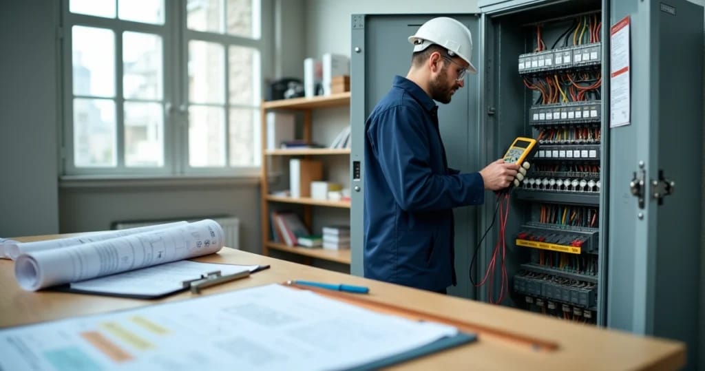 Perito fiscalizando quadro de distribuição elétrica com relatório técnico sobre a mesa