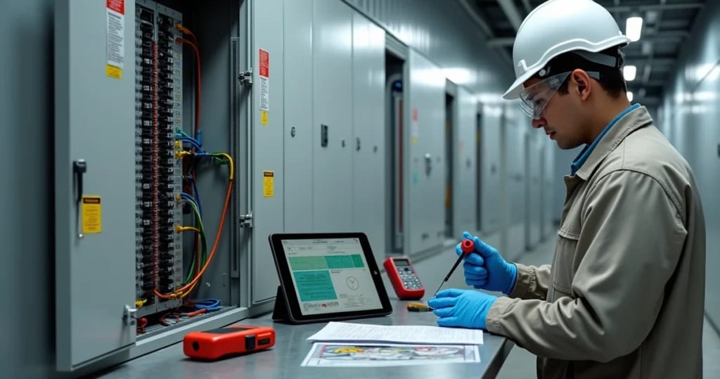 Perito analisa painel elétrico predial com equipamentos de medição profissionais