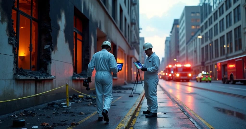Peritos examinam fachada de prédio incendiado ao amanhecer