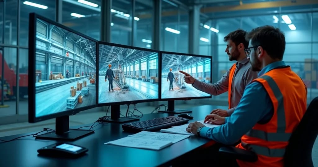 Peritos analisam em sala de controle 3D a simulação de acidente de trabalho em galpão industrial