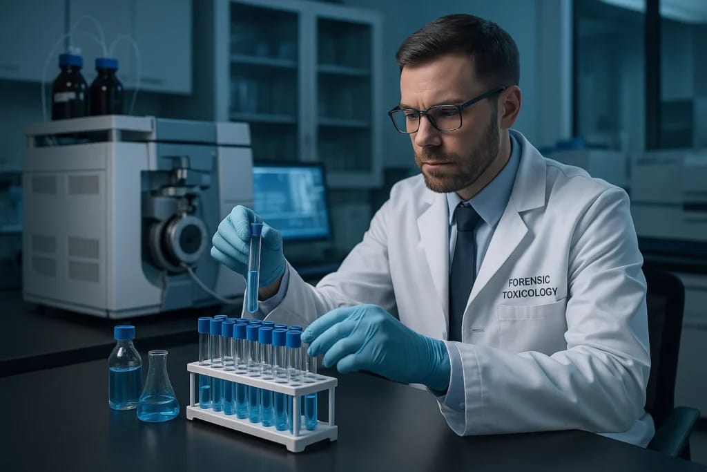 Toxicologista forense analisando amostras em laboratório de toxicologia