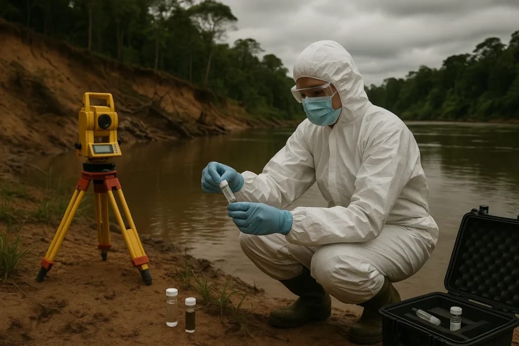 Perito ambiental coleta amostras de água e sedimento em área de garimpo