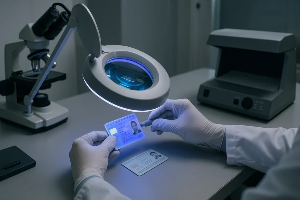 Perito documentoscópico examina documentos de identidade em laboratório