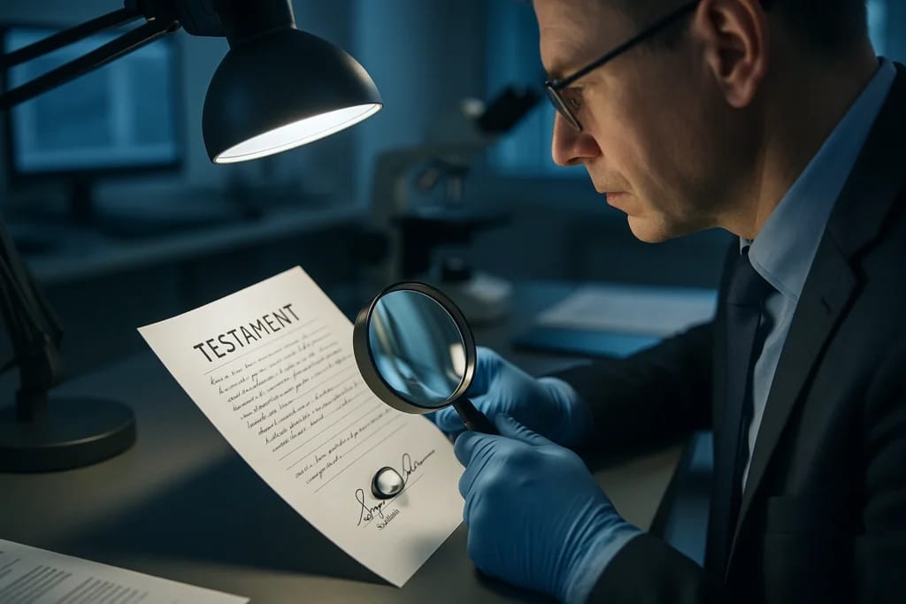 Perito grafotécnico analisa testamento manuscrito sob magnificação