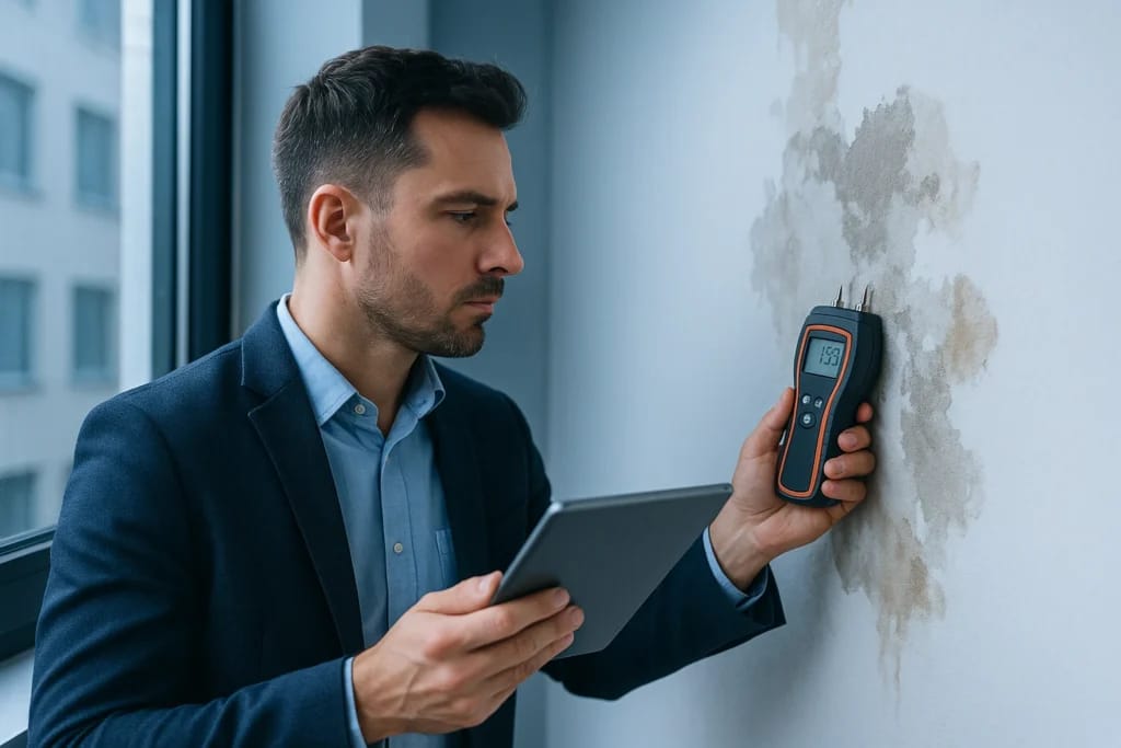 Engenheiro perito medindo umidade em parede com infiltração