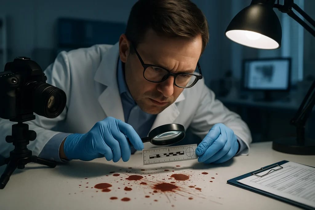 Perito analisa padrões de manchas de sangue em laboratório forense