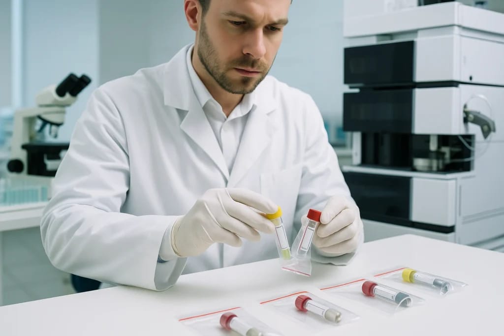 Perita toxicológica analisa amostras biológicas em laboratório forense