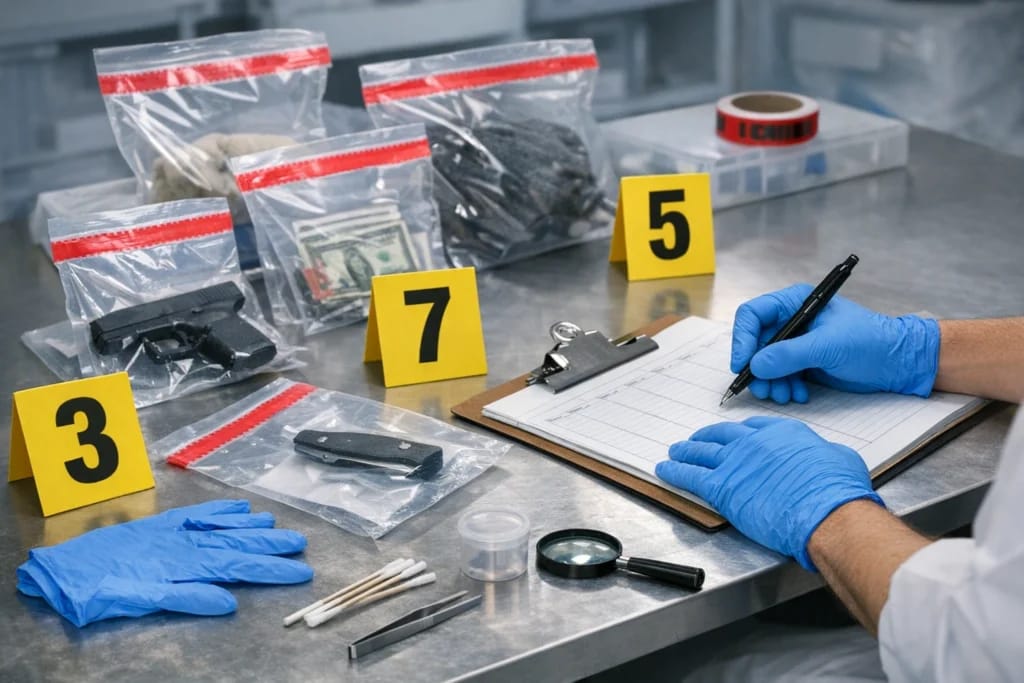 Bancada forense com vestígios embalados, etiquetas numeradas e luvas