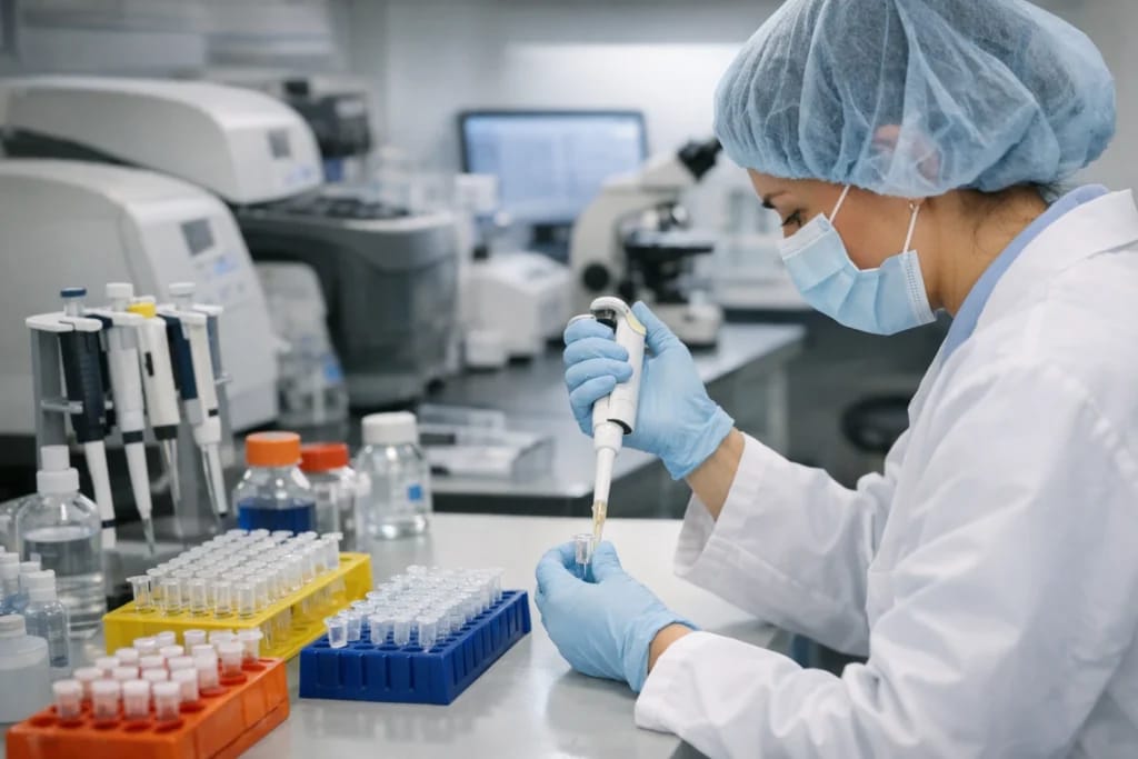 Técnico em laboratório de genética forense manipulando amostras na bancada