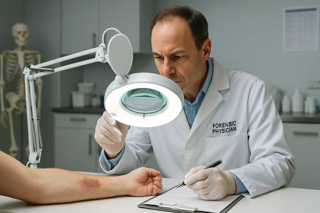 Perito médico-legal examina lesão durante exame de corpo de delito