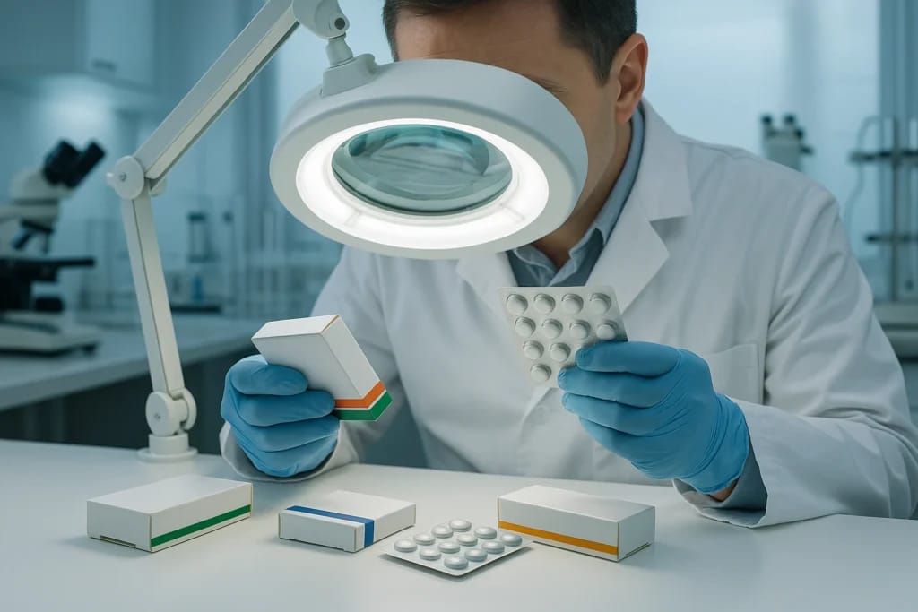 Perita farmacêutica examina embalagens de medicamentos em laboratório