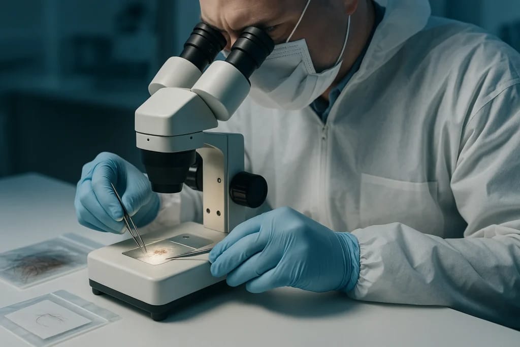 Perito examinando microvestígios em microscópio no laboratório