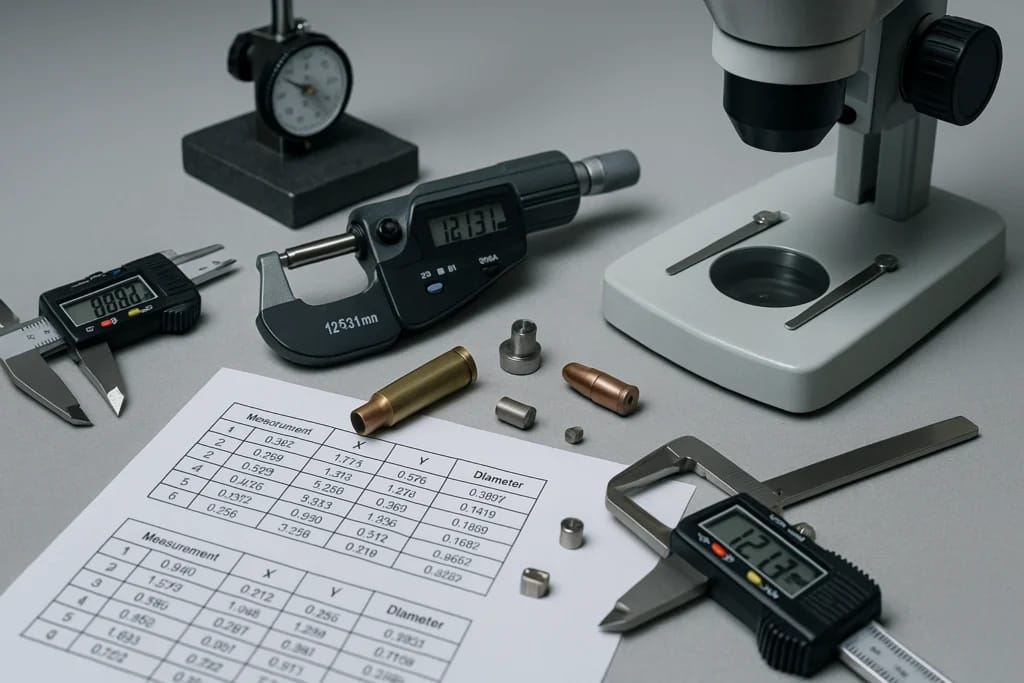 Bancada de laboratório de balística com instrumentos de medição e laudo técnico