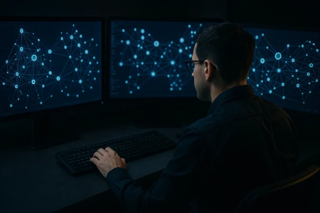Analista de perícia digital trabalhando com gráficos de transações em vários monitores