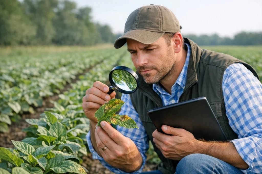 Agrônomo inspecionando folhas de lavoura com sintomas de dano em campo