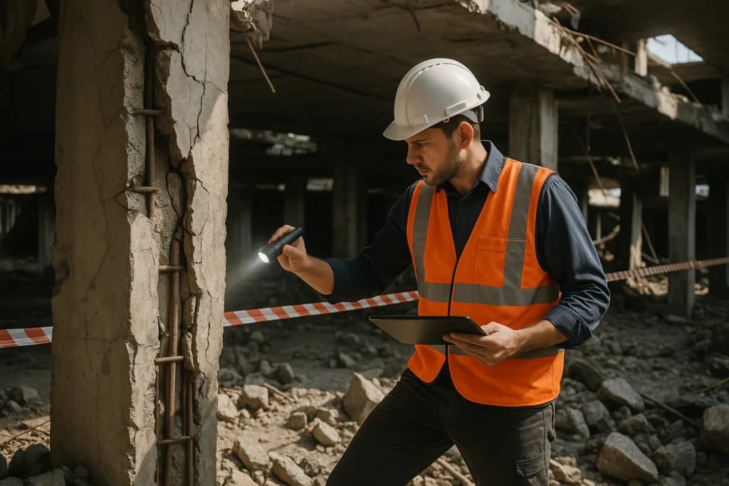 Engenheiro perito inspeciona estrutura de concreto após colapso