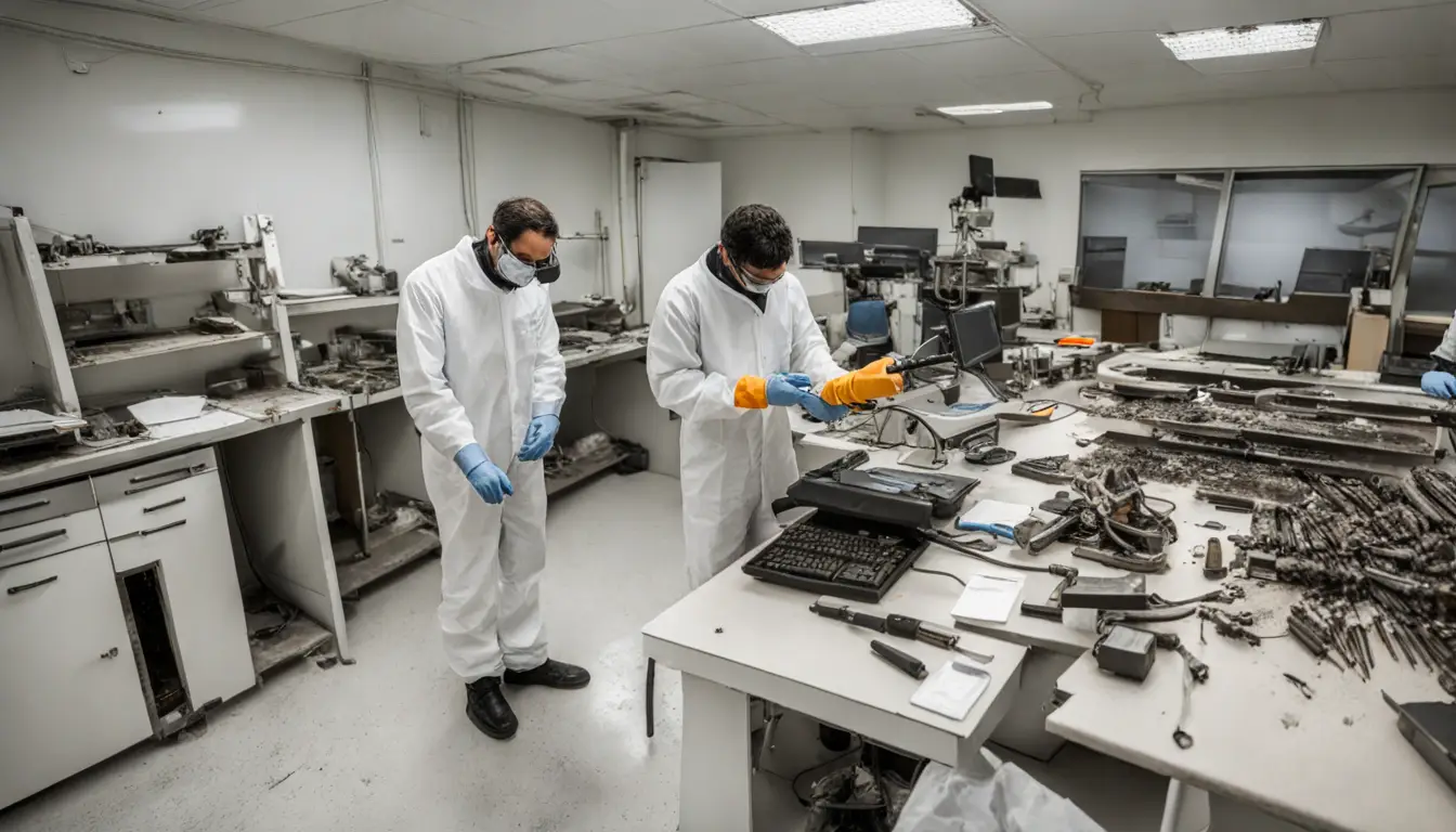 Bancada de laboratório forense com projéteis e instrumentos de medição sob forte iluminação.