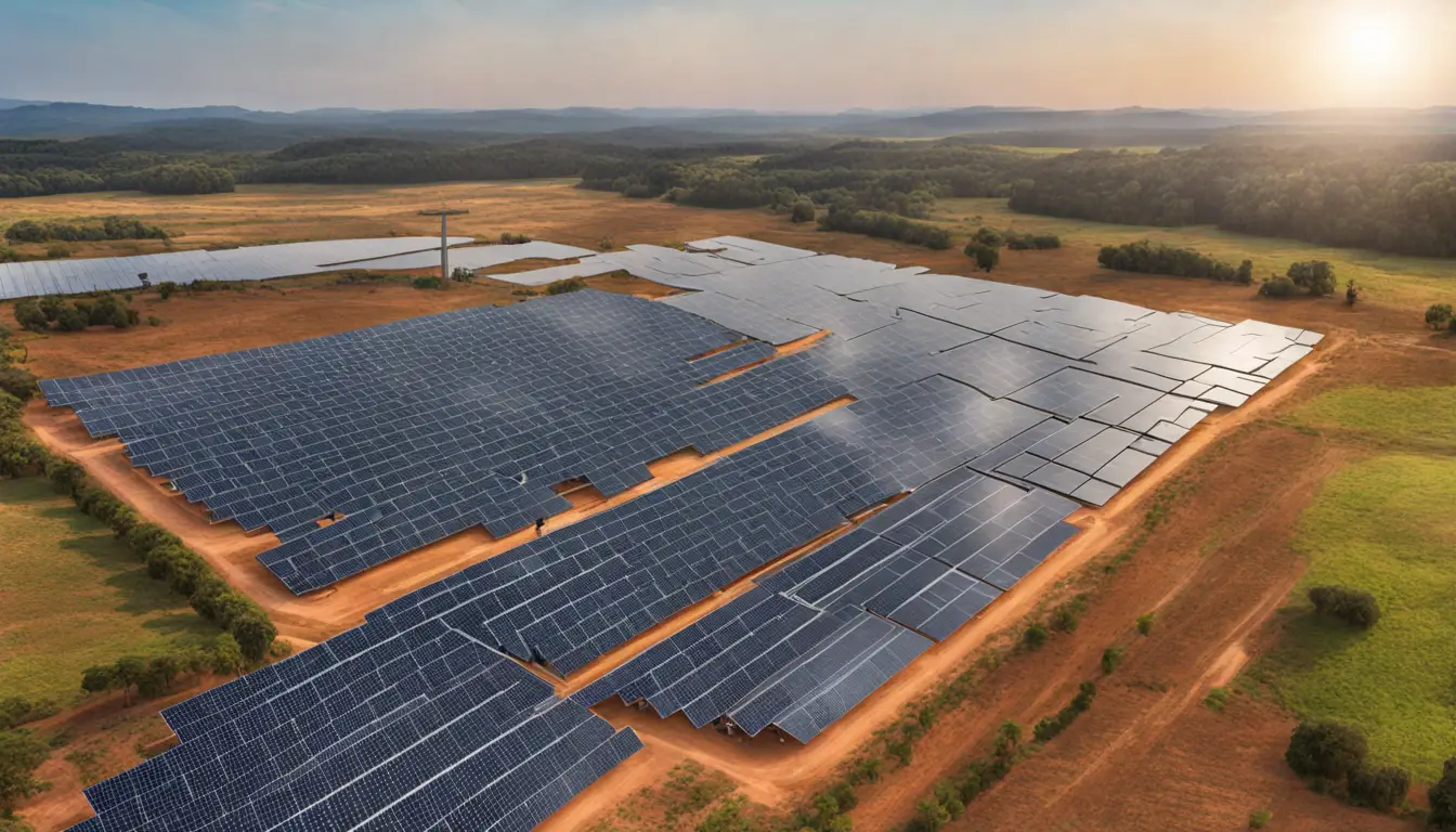 Painéis solares em campo com técnicos inspecionando, céu claro.