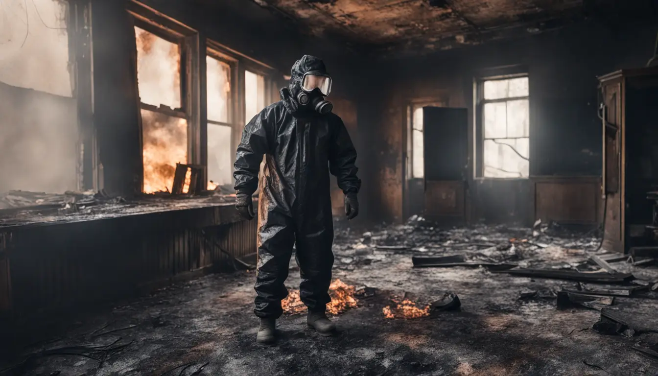 Perito investigando cena de incêndio em sala carbonizada com móveis queimados e paredes cobertas de fuligem.