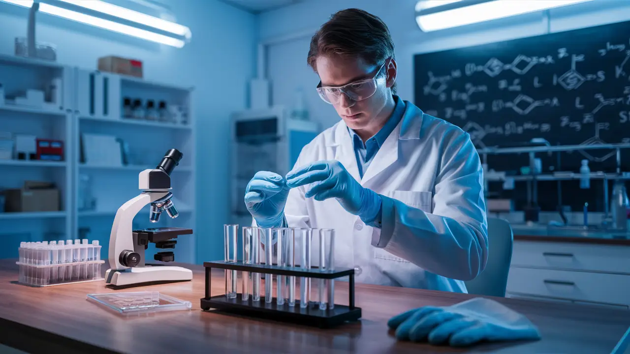 Cientista forense em laboratório examinando tubos de ensaio com fórmulas químicas ao fundo.