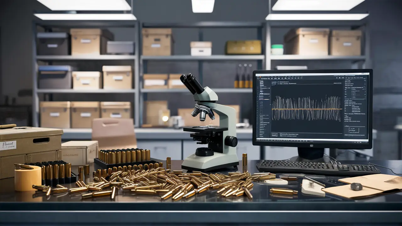 Laboratório forense com mesa de trabalho cheia de cápsulas de balas, microscópio e computador com análise balística.