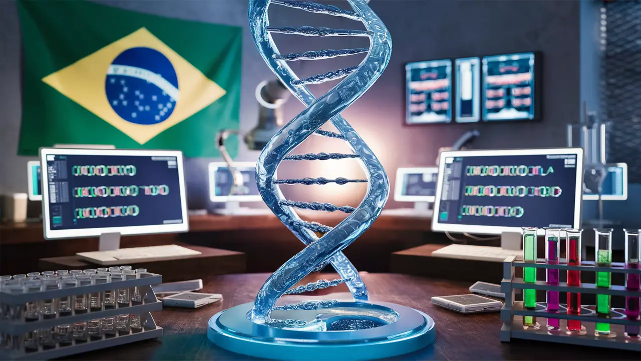 Laboratório com estrutura de DNA helicoidal azul, bandeira do Brasil e tubos de ensaio com líquidos coloridos em mesa de madeira.