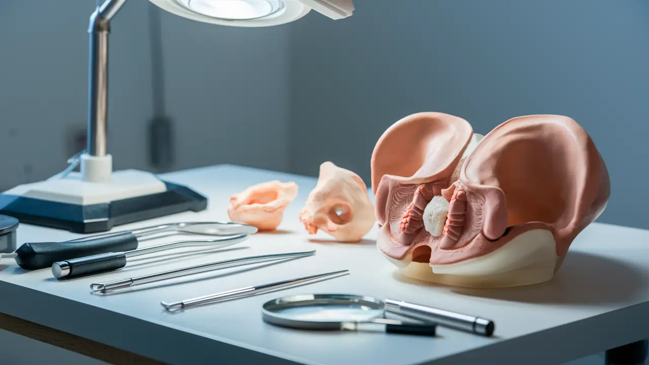 Modelo anatômico pélvico detalhado em mesa de laboratório forense com instrumentos cirúrgicos e lupa.