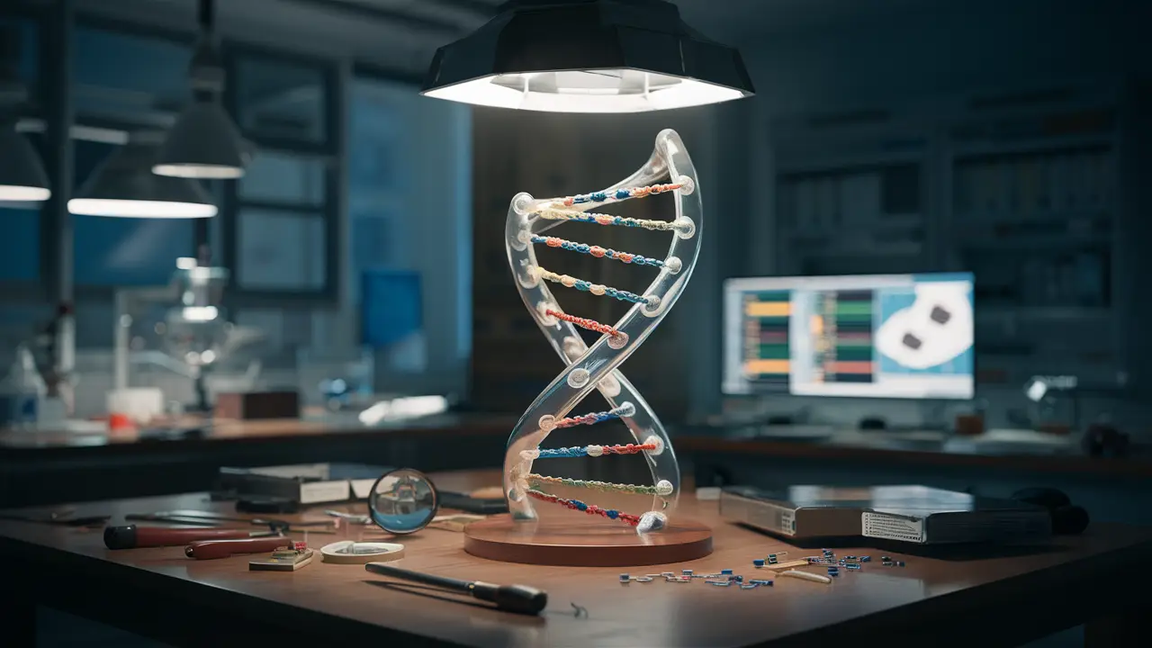 Modelo de DNA de vidro com bases coloridas em laboratório forense iluminado