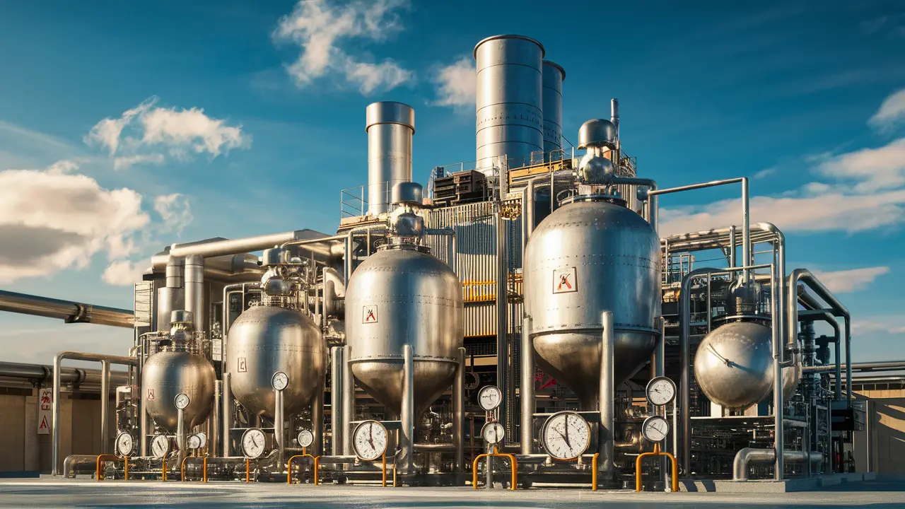 Grande planta industrial com vasos de pressão metálicos e sinais de segurança sob céu azul.