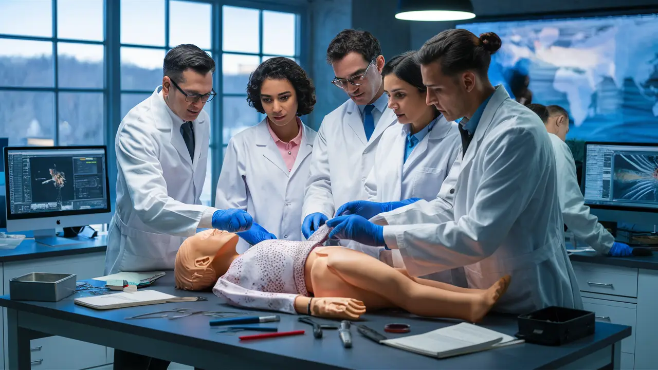 Equipe de cientistas forenses analisando manequim em laboratório com ferramentas e software de reconstrução de cena.