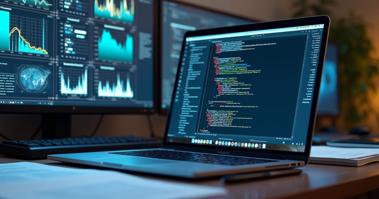 Mesa de trabalho com laptop aberto mostrando códigos de software, telas com gráficos de validação, documentos técnicos e caneta ao lado