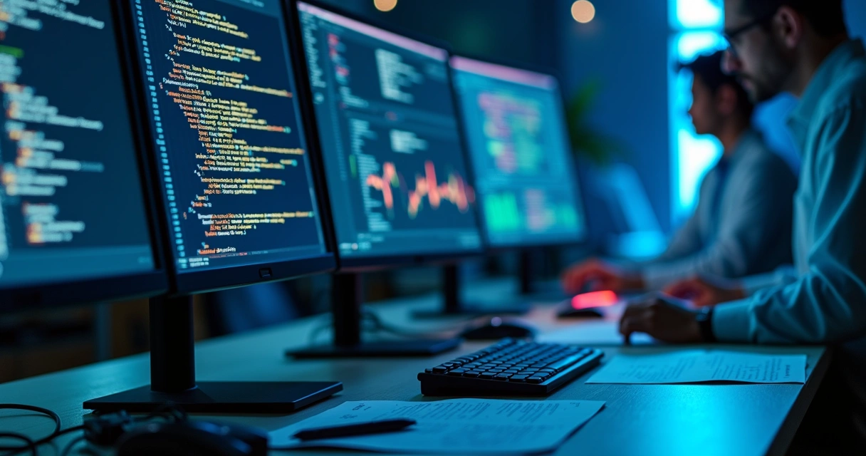 Tela de computador exibindo código-fonte com destaque em falhas ocultas e gráficos de análise forense de software