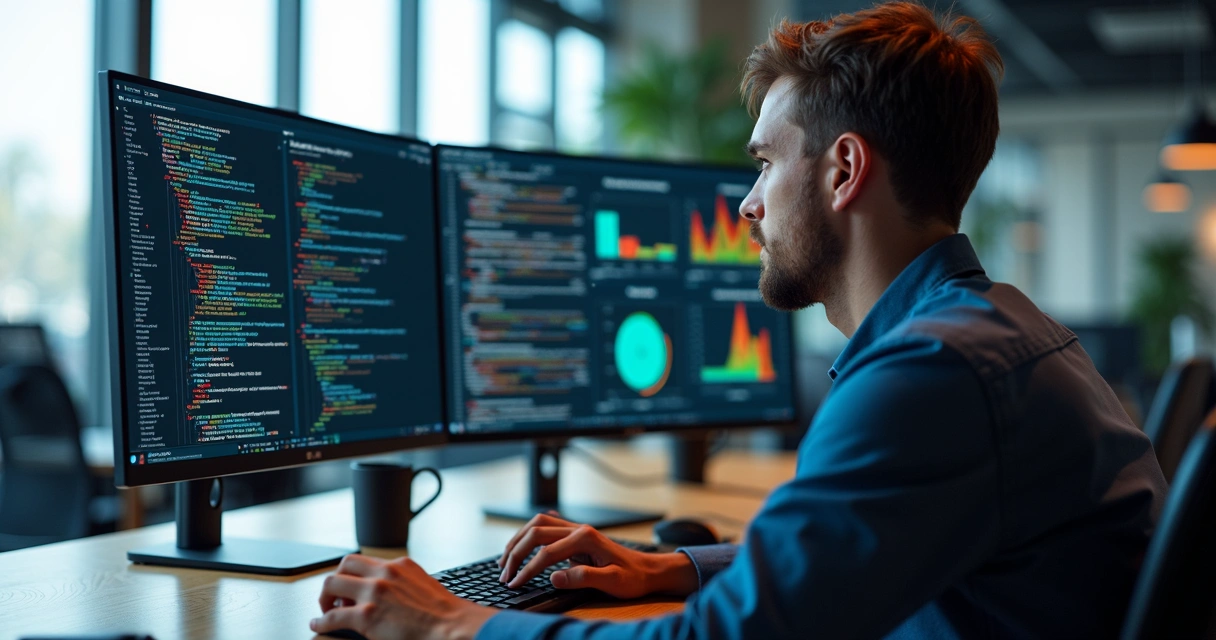 Analista analisando códigos de software e gráficos de qualidade em múltiplas telas de computador