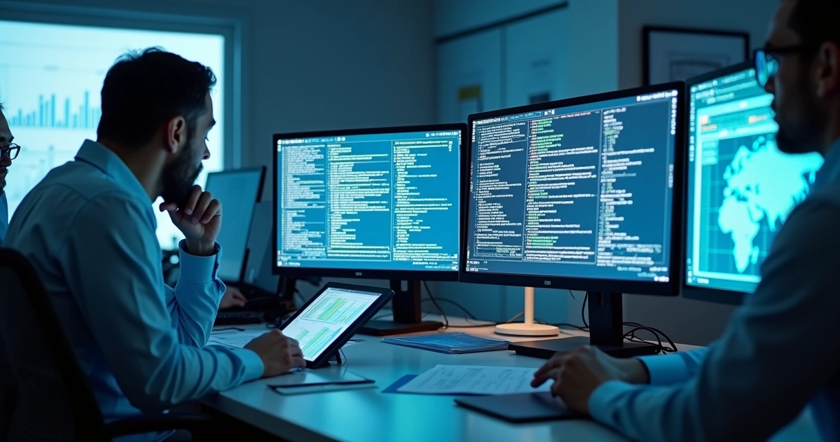 Peritos forenses analisando dados em telas de computador em ambiente moderno e sofisticado
