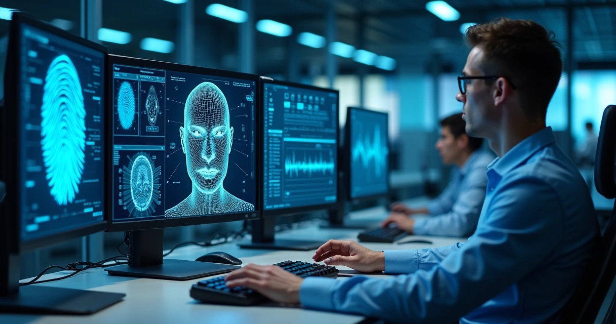 Tela de computador mostrando sistema de autenticação biométrica com digitais, reconhecimento facial e análise de voz