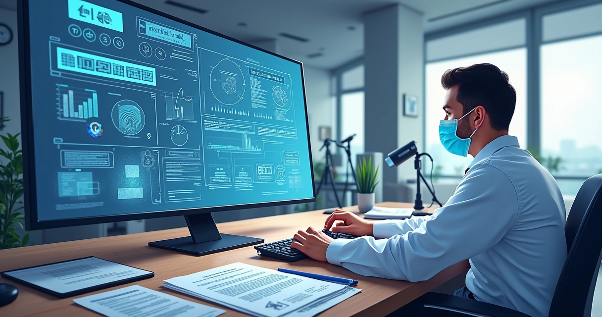 Perito realizando análise forense em computador com documentos e evidências ao redor