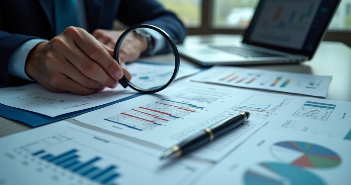 Mesa com documentos técnicos, laptop aberto exibindo gráfico, caneta, e mão segurando lupa sobre papel