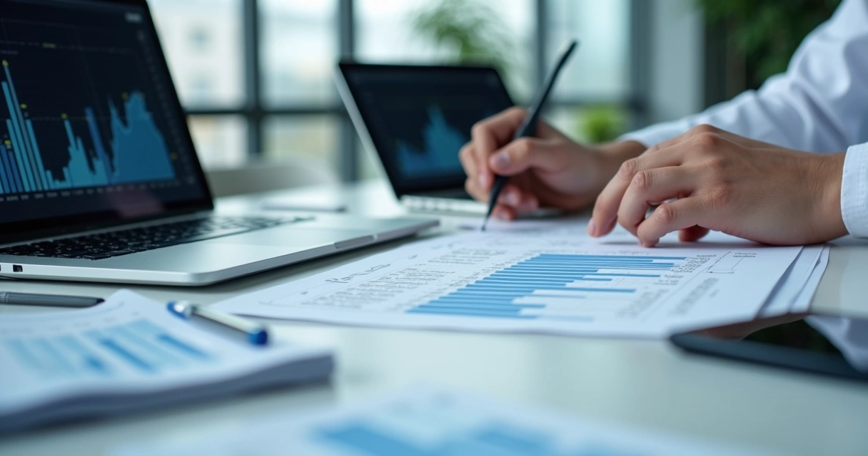 Profissional forense analisando documentos técnicos em ambiente de escritório moderno com laptop e gráficos na tela