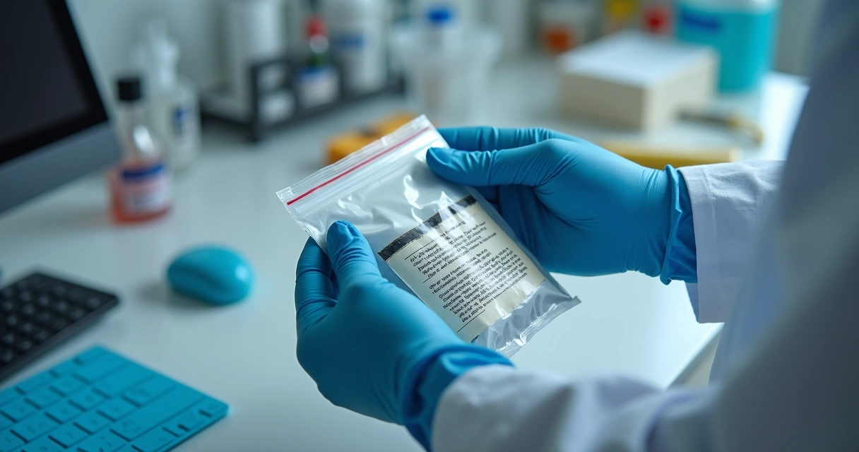 Mãos com luvas manuseando uma embalagem lacrada com evidências forenses em ambiente de laboratório forense