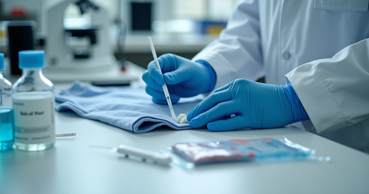 Profissional forense coletando amostra de vestígio em roupas íntimas com luvas e material estéril em ambiente clínico