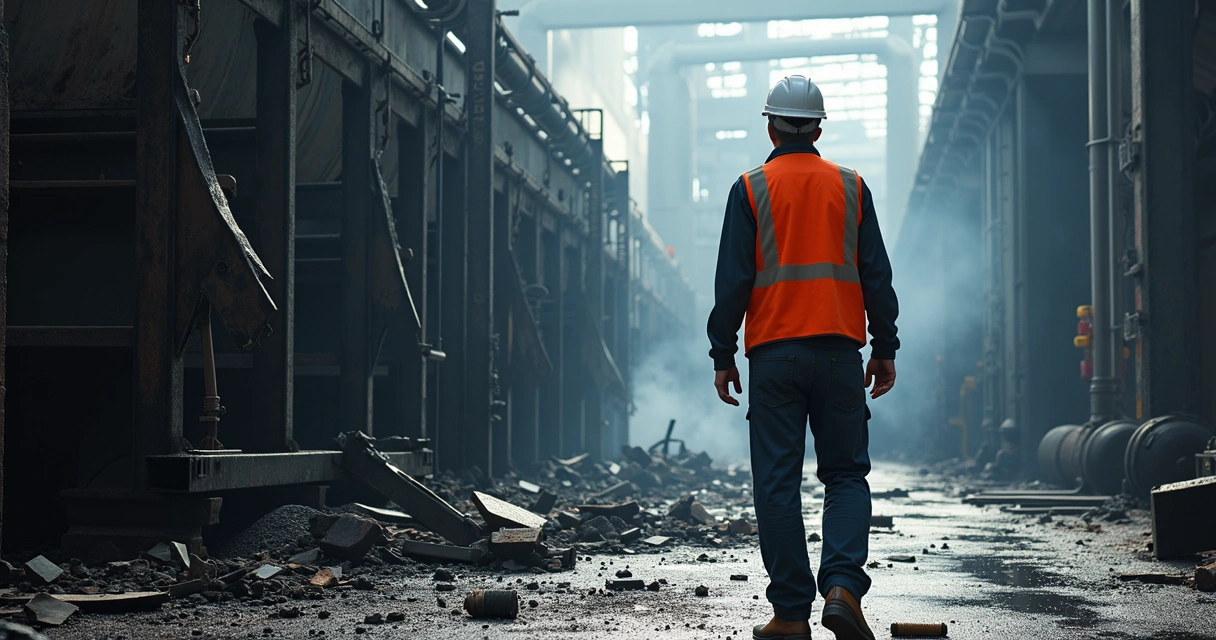 Engenheiro inspecionando estrutura metálica industrial danificada após sinistro