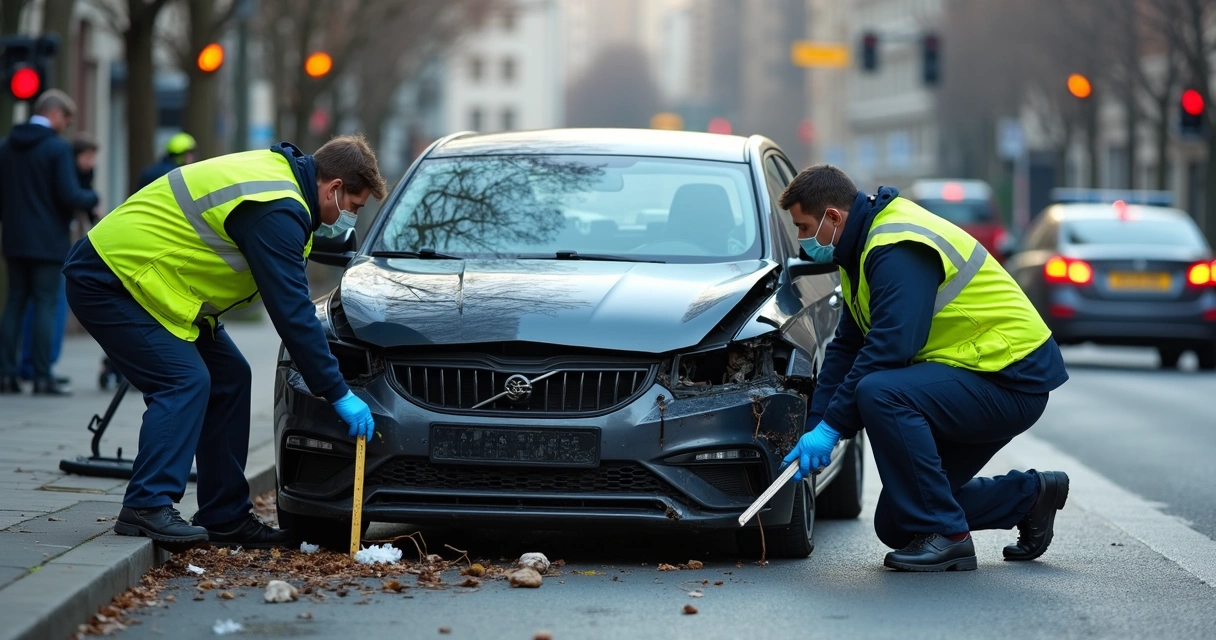 Veículo acidentado com perícia forense em ação na cena de trânsito