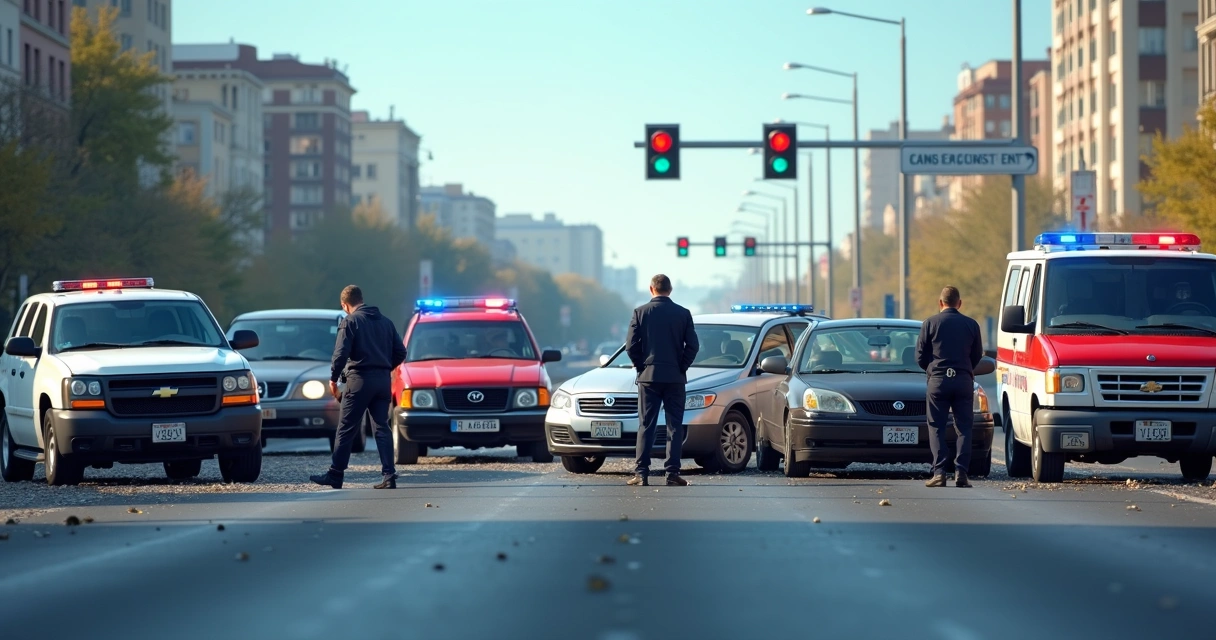 Cena de acidente de trânsito com múltiplos veículos colididos em uma via urbana durante o dia
