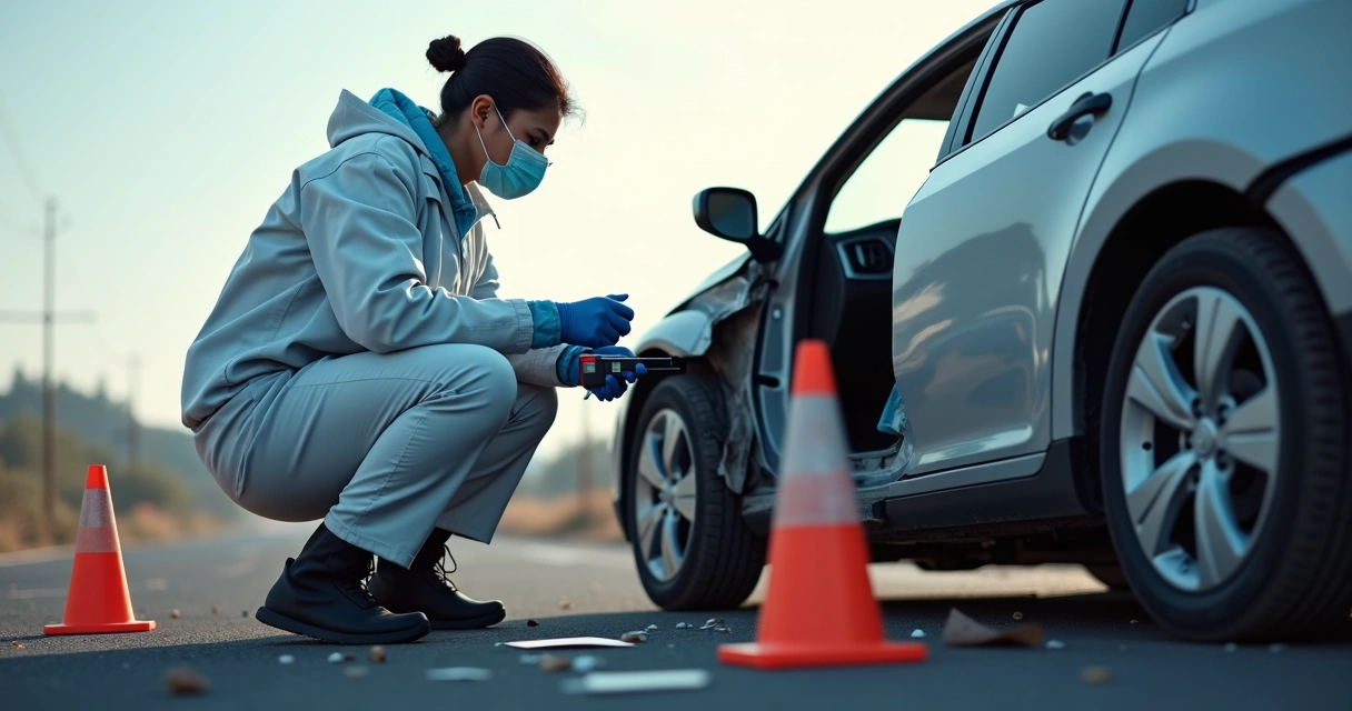 Perito forense analisando detalhes técnicos de um sinistro veicular em local aberto, com equipamentos de medição e registros fotográficos