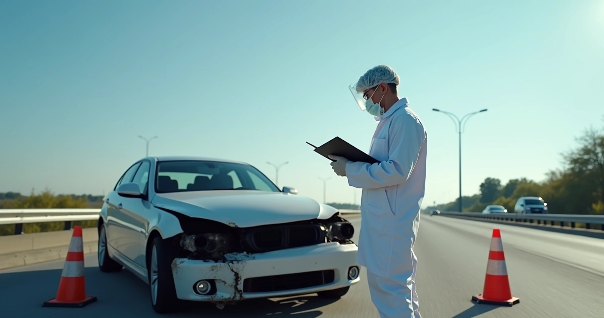 Perito de trânsito analisando uma cena de acidente com veículo danificado na rodovia durante o dia